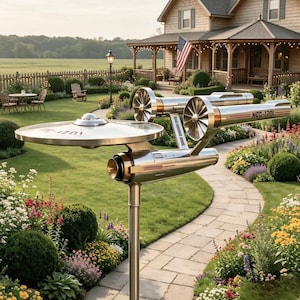 Könnte beinhalten: Eine metallische Gartenskulptur in Form eines Raumschiffs mit einem großen kreisförmigen Untertassenteil und zwei länglichen zylindrischen Triebwerksgondeln. Die Struktur ist auf einem vertikalen Pfosten montiert und trägt die rote Aufschrift NCC-1701.