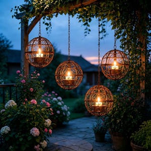 May include: Four spherical hanging lanterns made of dark brown metal wire cages, each containing a single lit white pillar candle. The lanterns are suspended by thin metal chains from a wooden pergola structure in an outdoor garden setting.