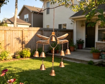 Encantador sino de vento artesanal em forma de libélula com sinos, decoração para jardim.