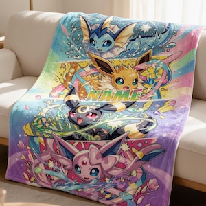 Eevee Evolutions Custom Flannel Blanket, Personalized Name Pokémon Throw, Vaporeon Jolteon Umbreon Sylveon Fan Gift
