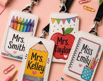 Personalisierter Lehrerausweishalter, Leder-Ausweishalter mit individuellem Namen, Notizbuch in Apfelform – Geschenk zum Schulanfang