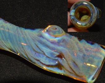 Glass Chillum Pipe Ice Pinch Color Changing Amber Purple and Lava Honeycomb Roots - Handblown