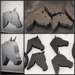 Könnte beinhalten: Eine Sammlung von pferdekopf-förmigen Objekten in verschiedenen Produktionsstadien. Das Bild zeigt 3D-Modelle auf einem Bildschirm und fertige Produkte in Dunkelgrau und Schwarz. Jeder Kopf hat ein Loch oben, vermutlich zum Aufhängen.