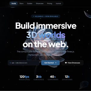 Op de afbeelding: Een website-startpagina voor Veldara met een donkere achtergrond, zwevende bloemblaadjes en de tekst Build immersive 3D worlds on the web. De interface bevat navigatielinks, een Get Started-knop en statistieken zoals 120fps.