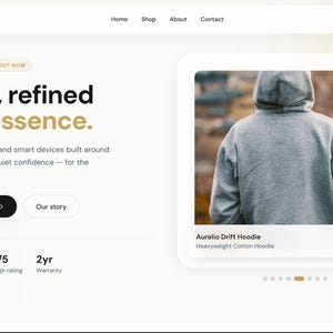 Op de afbeelding: Een website-interface voor Aurelio met een grijze hoodie met het label Aurelio Drift Hoodie. De pagina bevat navigatielinks, een productafbeelding, tekst met de tekst Sound, refined to its essence, en statistieken voor klanten, beoordelingen en garantie.