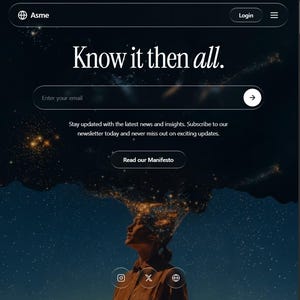 Puede incluir: Una interfaz de sitio web con tema oscuro que presenta el texto 'Know it then all.' sobre un campo de entrada de correo electrónico con un botón de flecha. Debajo, aparece el texto 'Stay updated with the latest news and insights. Subscribe to our newsletter today' con un botón 'Read our Manifesto'. El fondo muestra a una persona mirando hacia un cielo estrellado y cósmico.