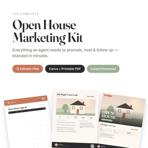 May include: A digital marketing kit for real estate agents titled The Complete Open House Marketing Kit. It includes 12 editable files, Canva and printable PDF formats, and instant download options. Three document templates are displayed below.