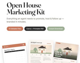 Realtor Marketing Kit Canva | Open House Flyer & Sign In Sheet | Feature Sheet + Open House Checklist | Real Estate Agent Templates