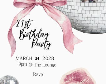 Invitación a fiesta de cumpleaños número 21 con estilo disco chic