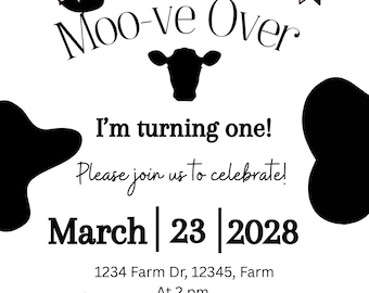 Invitación de primer cumpleaños con temática de vaca para niña