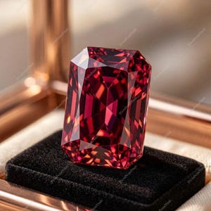 Puede incluir: Una piedra preciosa rectangular de color rojo intenso con un corte facetado, que muestra bordes geométricos afilados y reflejos de luz internos. La piedra está colocada en posición vertical sobre un cojín de exhibición de terciopelo negro.