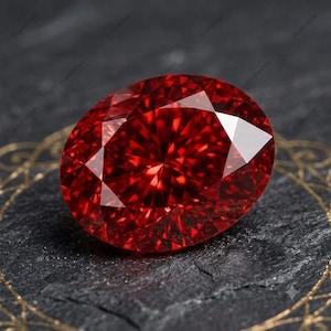 Könnte beinhalten: Ein leuchtender, oval geschliffener Edelstein in tiefroter Farbe mit einer facettierten Oberfläche, die das Licht reflektiert. Der Stein weist eine symmetrische Anordnung von dreieckigen und rautenförmigen Facetten auf.