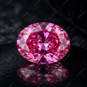 Könnte beinhalten: Ein leuchtender, oval geschliffener rosa Edelstein mit einer brillant facettierten Oberfläche, die das Licht mit intensiver Klarheit reflektiert. Der Stein zeigt einen tiefen, gesättigten Magentaton und präzise geometrische Schliffkanten.