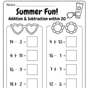 Summer Addition Subtraction within 20 Worksheets PDF, Single & Double Digit Mixed Math Workbook, 30 Practice Pages + 30 Answer Keys
