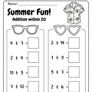 May include: A black and white educational worksheet titled Summer Fun! Addition within 20. The page features a line drawing of a button-down shirt, heart-shaped sunglasses, and standard sunglasses above two columns of addition math problems.