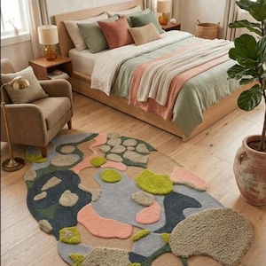 Hand Tufted Irregular Shape Wool Rug with Abstract Biophilic Moss Design