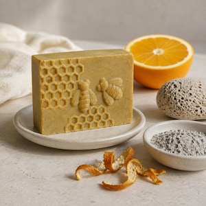 May include: A rectangular bar of golden-yellow soap featuring an embossed honeycomb pattern and two bee figures. The soap rests on a small ceramic plate alongside a halved orange, a porous grey stone, and a small bowl containing grey powder.