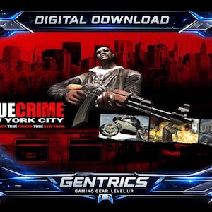 Puede incluir: Un gráfico de descarga digital para el videojuego True Crime New York City con un personaje sosteniendo un rifle sobre un fondo de horizonte urbano rojo. La imagen incluye escenas de acción y el texto Gentrics Gaming Gear Level Up.
