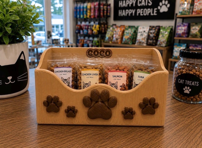 K&ouml;nnte beinhalten: Ein helles Holzregal mit der Aufschrift COCO und mehreren braunen Pfotenabdruck-Ausschnitten auf der Vorderseite. Darin befinden sich vier durchsichtige Plastikt&uuml;ten mit Katzenleckerlis, beschriftet mit H&uuml;hnchenbrust, H&uuml;hnerleber, Lachs und Thunfisch.