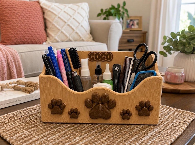 K&ouml;nnte beinhalten: Ein hellbrauner Schreibtisch-Organizer aus Holz mit strukturierter Oberfl&auml;che und f&uuml;nf braunen Pfotenabdruck-Motiven auf der Vorderseite. Auf der R&uuml;ckwand ist der Name COCO in erhabenen braunen Buchstaben angebracht. Er enth&auml;lt Stifte und Utensilien.