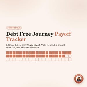 以下が含まれることがあります： YABSSS STUDIOによるDebt Free Journey Payoff Tracker。ドキュメントには「Color one box for every 1% you pay off. Works for any debt amount — credit card, loan, or all of it combined.」というテキストと、100個の四角形で構成されたグリッドが含まれています。