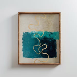 Wabi Sabi Wandbild Abstrakt Petrol Gold | Grafische Formen Linie Acrylfarbe | Minimalistischer Fluss Landschaft Kunstdruck | Digital
