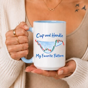 May include: A white ceramic mug with a light blue handle and interior. The front features blue text that reads Cup and Handle My Favorite Pattern, accompanied by a watercolour-style graphic of a stock market chart pattern in red and green.