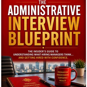 Może przedstawiać: Książka zatytułowana The Administrative Interview Blueprint autorstwa Howie Westa z czerwoną okładką. Okładka zawiera biały i złoty tekst, notatnik spiralny z napisem Prepare. Understand. Succeed., długopis oraz czerwony kubek ze złotym tekstem.