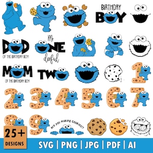 May include: A collection of 25+ digital graphic designs featuring the blue Cookie Monster character, chocolate chip cookies, and numbers one through nine. Text elements include "BIRTHDAY BOY," "DAD OF THE BIRTHDAY BOY," "MOM OF THE BIRTHDAY BOY," "Mr ONEderful," "TWO," and "Are you making cookies!?" in various fonts.