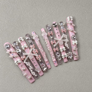Handmade Pink Glitter Bow Pearl Heart Crystal Nail Charms, Extra-Long Rectangular Press-Ons