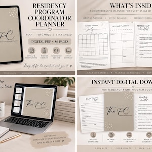 May include: A digital Residency Program Coordinator planner in PDF format with 86 pages. The planner features monthly and weekly planning templates, residency checklists, and resource trackers. The design includes a neutral beige cover with the text The PC.