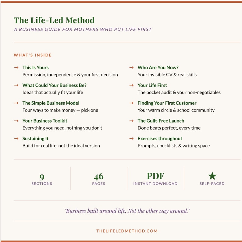 May include: A digital business guide titled The Life-Led Method, A Business Guide for Mothers Who Put Life First. It lists nine sections including This Is Yours, What Could Your Business Be, and The Guilt-Free Launch. It contains 46 pages, PDF format.
