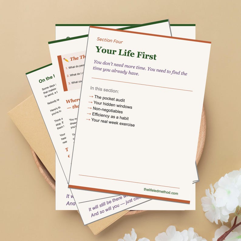 May include: A stack of white paper sheets with dark green and orange text. The top sheet is titled Section Four Your Life First and lists topics including The pocket audit, Your hidden windows, Non-negotiables, Efficiency as a habit, and Your real week exercise.