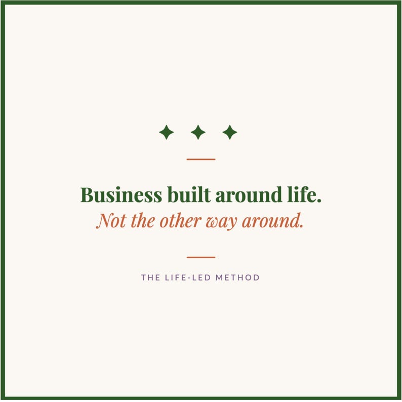 May include: A square graphic with a dark green border on a cream background. It features three dark green stars, two horizontal orange lines, and the text: Business built around life. Not the other way around. THE LIFE-LED METHOD in dark text.
