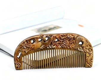 Carved Dragon Phoenix Sandalwood Hair Comb, Vintage Green Sandalwood Wooden Comb, Chinese Wedding Gift Hair Accessory