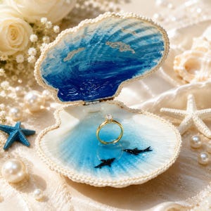May include: A gold ring with a single clear stone sits inside an open seashell box. The interior of the shell is painted with a blue ocean scene featuring two small black dolphins. The edges of the shell are trimmed with a cream-coloured crochet border.