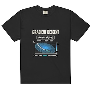 Op de afbeelding: Een zwart t-shirt met korte mouwen voorzien van een witte afbeelding van de gradiëntafdalingsformule, een blauwe contourplot die verliesniveaus toont, en de tekst "GRADIENT DESCENT" bovenaan en "{ SMALL STEPS BIGGER INTELLIGENCE }" onderaan.