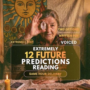 May include: A clear quartz crystal held in front of a person, with text overlays reading: EXTREMELY DEEP, TWO OPTIONS: WRITTEN PDF, VOICED, EXTREMELY 12 FUTURE PREDICTIONS READING, and SAME HOUR DELIVERY. A sun tapestry and a lit candle are visible.