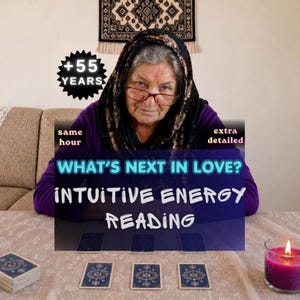 May include: An older person wearing a black floral headscarf and glasses, sitting at a table with tarot cards and a pink candle. Text overlays read +55 YEARS, same hour, extra detailed, WHAT'S NEXT IN LOVE? INTUITIVE ENERGY READING.