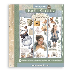 May include: A package of "Rub On Selection" transfer film for decoration. The package features illustrations of a woman, butterflies, flowers, and text that reads "Secret diary". The package dimensions are 8.07 x 9.06 inches.