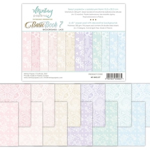 May include: A pack of 6x8 inch paper with decorative lace backgrounds. The pack contains 24 double-sided sheets with 12 different designs. The paper is acid and lignin free and made in Poland. The product code is MT-8KG-07.