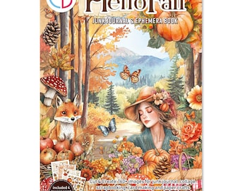 Ciao Bella Paper Hello Fall A4 Junk Journal Ephemera Book, Forest Autumn Transparent Adhesive Page Fussy Cut, Ephemera Book Forest Cute Fall