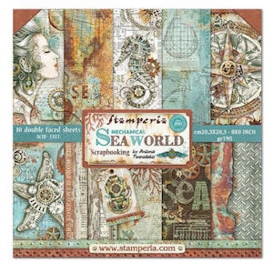 Stamperia Sea World 8&quot; x 8&quot; Paper Pad 10 pc Double Side ,Craft Supplies,Card Making,Scrapbooking,Collage,Collage,Steampunk Marine,Nautical