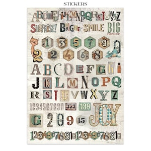 May include: A sheet of decorative stickers featuring an alphabet, numbers, and words like "Surprise!" and "Joy." The stickers have a vintage, scrapbook-like aesthetic with various fonts, colors, and patterns. The word "STICKERS" is at the top.