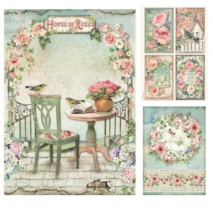 Stamperia A4 Reispapier Haus der Rosen, Verzierungen, Bastelbedarf, Kartenherstellung, Scrapbooking, Collage, Decoupagepapier, Blumen, Rosen, Frühling