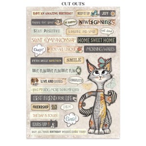 May include: A sheet of decorative cutouts featuring a whimsical cat illustration and various text bubbles with phrases like "Happy for you!" and "Home Sweet Home." The design includes floral and patterned elements.