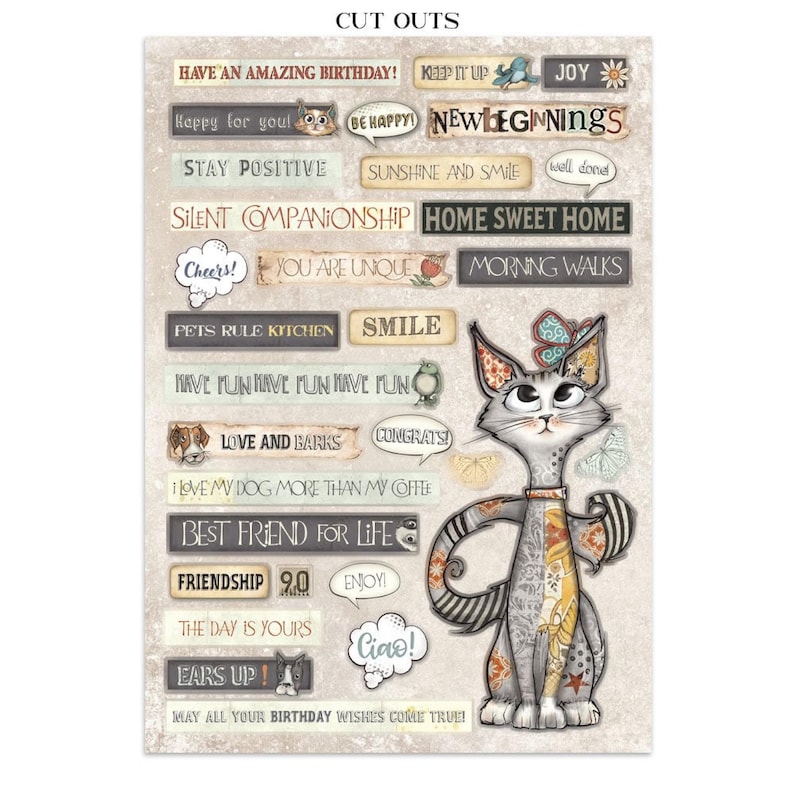 May include: A sheet of decorative cutouts featuring a whimsical cat illustration and various text bubbles with phrases like "Happy for you!" and "Home Sweet Home." The design includes floral and patterned elements.