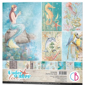 Ensemble de papiers de scrapbooking Ciao Bella Underwater Love 30,5 x 30,5 cm Créatures marines, sirène, histoire d'amour, océan, thème, collage, fabrication de cartes, fournitures créatives