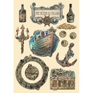 Stamperia Chants de la mer, l'océan appelle des formes en bois colorées A5 Papier pour scrapbooking, Fournitures créatives, Collage, Navire, Découpage laser nautique