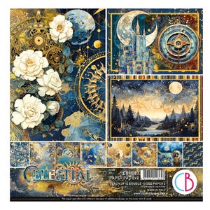 Ensemble de papier pour scrapbooking Celestial 20 x 20 cm Ciao Bella, fournitures de loisirs créatifs Lune, univers, symboles cosmiques, étoiles, planètes, constellations, ensemble